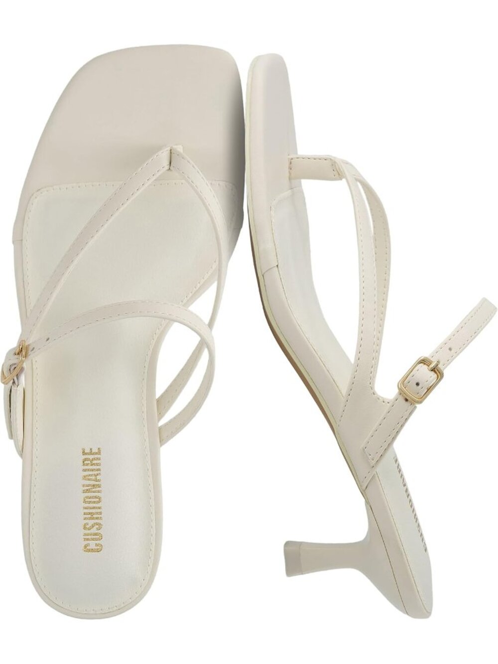 Women's Cream Sandals Comfortable Buckle Strappy Madrid Kitten Heel Square Toe